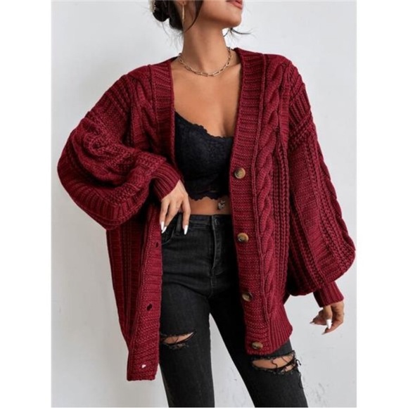 NWT Cable Knit Button Up Cardigan Maroon size L - Picture 6 of 7